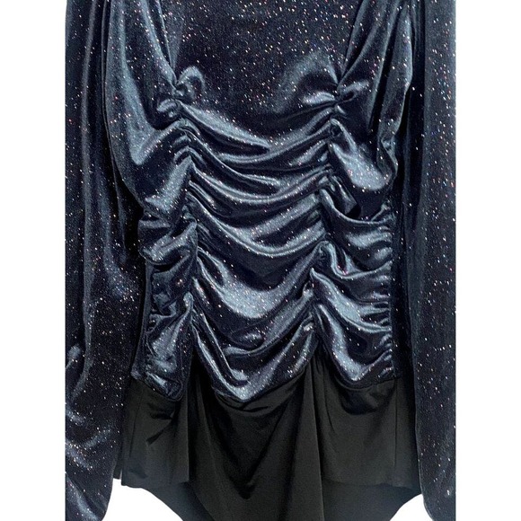 ZARA Navy Blue Ruched Velvet Glitter Mock Neck Long-sleeve Bodysuit - Picture 5 of 9